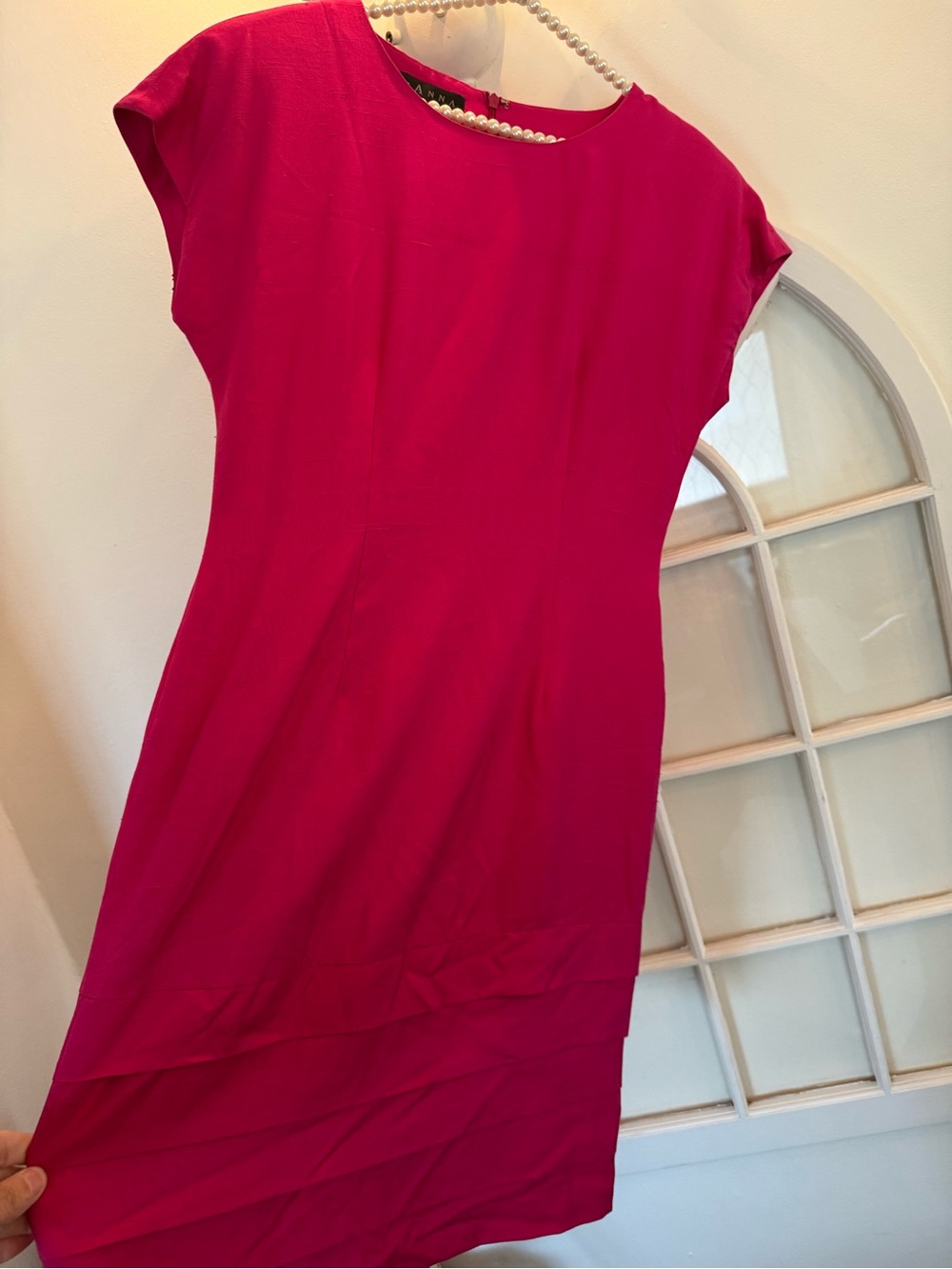 Vintage Silk Dress Raw Shantung Pink Tiered Hem‎ Sheath shift Dress tomato girl